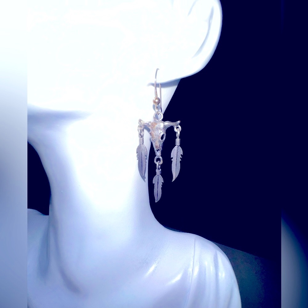Southwestern Skull and Feather Sterling Silver Earrings